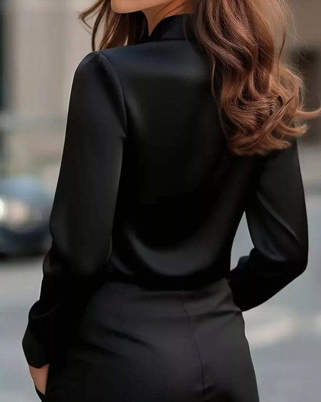 Satin Tie Front Long Sleeve Blouse