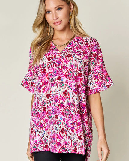 Double Take Full Size Printed V-Neck Short Sleeve Blouse