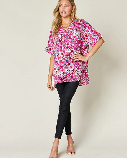 Double Take Full Size Printed V-Neck Short Sleeve Blouse