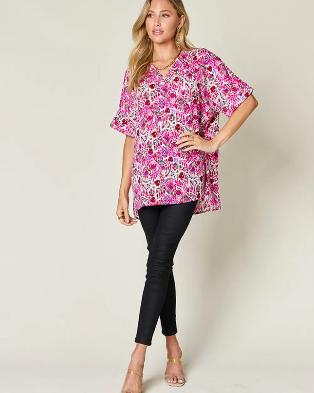 Double Take Full Size Printed V-Neck Short Sleeve Blouse