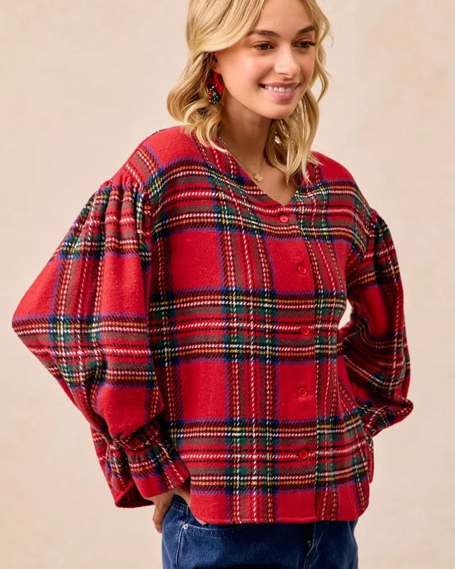 BiBi Christmas Plaid V-Neck Flounce Sleeve Jacket