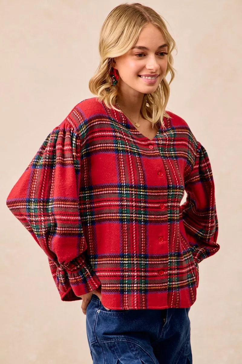 BiBi Christmas Plaid V-Neck Flounce Sleeve Jacket