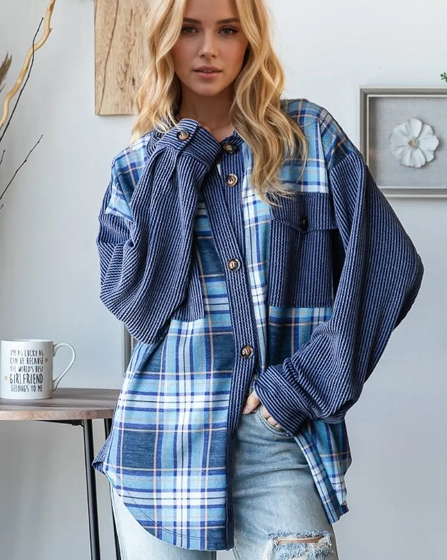 Oh Plaid Button Up Long Sleeve Shacket with Breast Pockets Blue