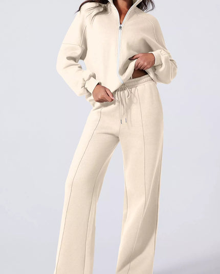 Drop Shoulder Zip Up Jacket and Drawstring Pants Active 2pcs Set