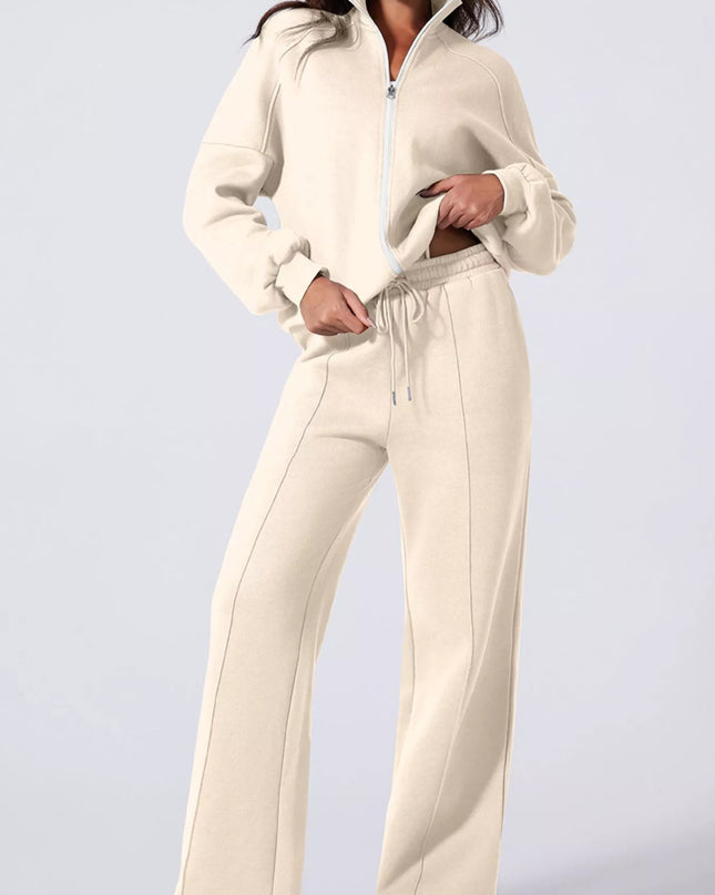 Drop Shoulder Zip Up Jacket and Drawstring Pants Active 2pcs Set