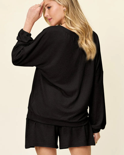 Double Take Full Size Texture V-Neck Long Sleeve T-Shirt and Shorts Set
