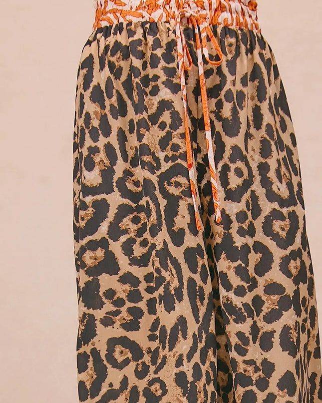BiBi Leopard Print With Contrast Banded Wide Pants