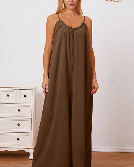 Double Take Full Size Ruffle Trim Tie Back Cami Jumpsuit with Pockets Mocha