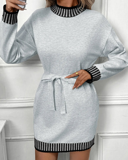 Striped Trim Tie Waist Sweater Dress Light Gray