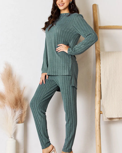 Basic Bae Full Size Ribbed Round Neck High-Low Slit Top and Pants Set Turquoise