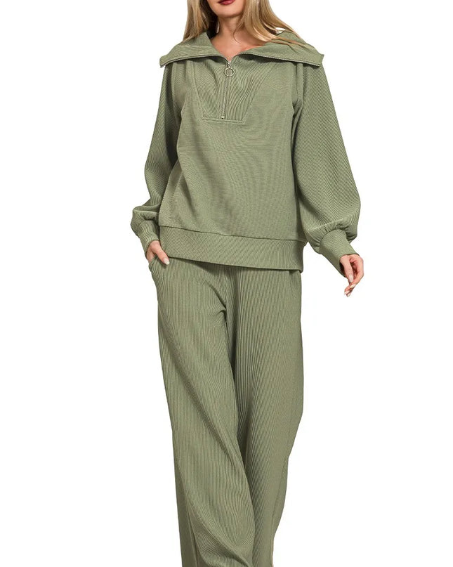 Zenana Ribbed High Neck Half Zip Pullover & Pants Set