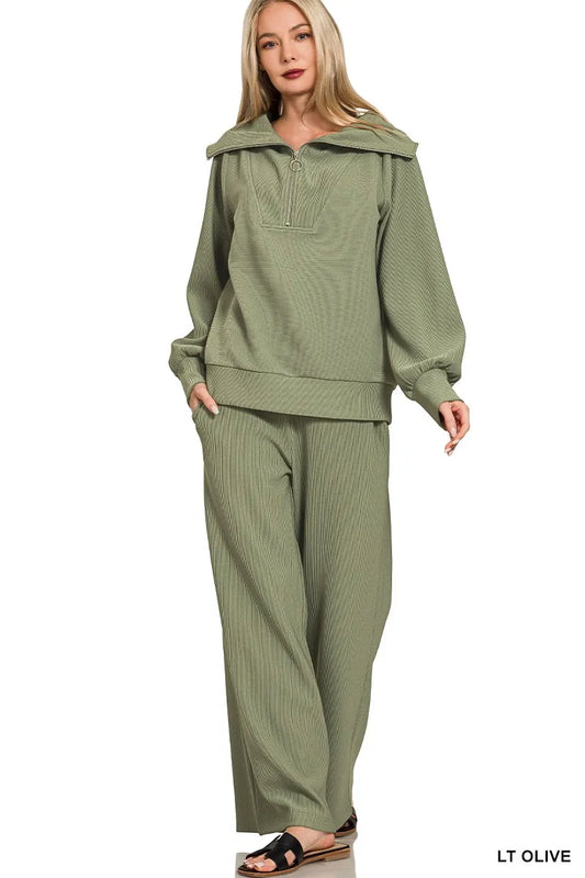 Zenana Ribbed High Neck Half Zip Pullover & Pants Set