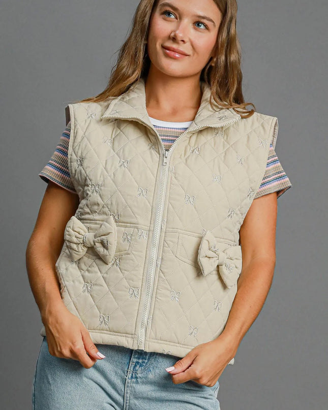 Umgee Sleeveless Quilted Vest with Bow Details CREAM