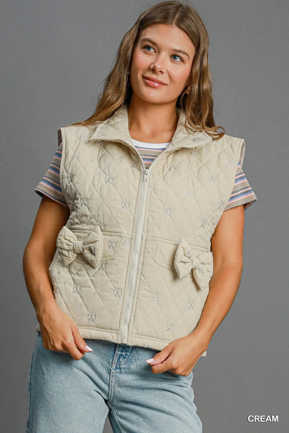 Umgee Sleeveless Quilted Vest with Bow Details CREAM