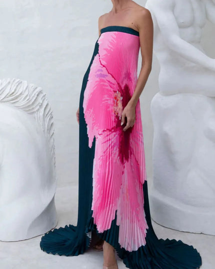 Pleated Printed Tube Floor Length Dress