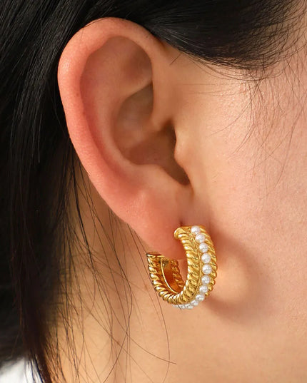 Stainless Steel Pearl C-Hoop Earrings Gold One Size