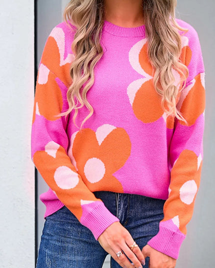 Angel Wings Flower Round Neck Long Sleeve Sweater Fuchsia Pink