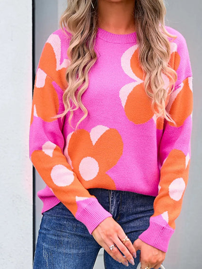 Angel Wings Flower Round Neck Long Sleeve Sweater Fuchsia Pink