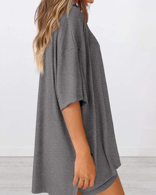 Full Size Oversized Slit Round Neck Top and Shorts Lounge Set Plus Size 