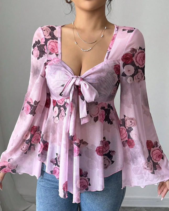 Floral Tie Front Flare Sleeve Blouse