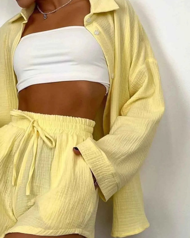 Texture Button Up Shirt and Shorts Set