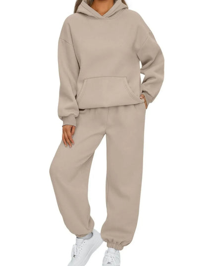 Full Size Kangaroo Pocket Hoodie and Joggers Set Plus Size Khaki