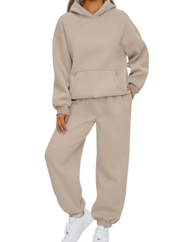 Full Size Kangaroo Pocket Hoodie and Joggers Set Plus Size Khaki
