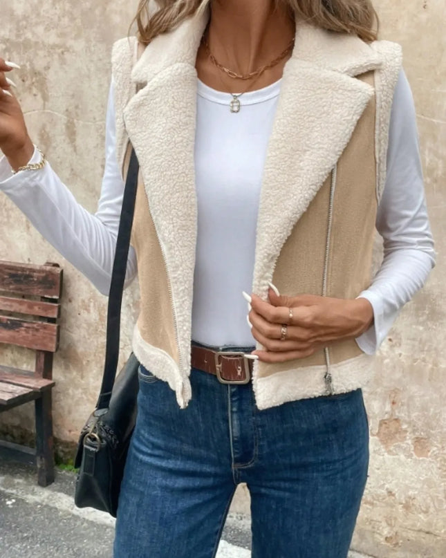 Zip Up Sherpa Vest Coat Khaki