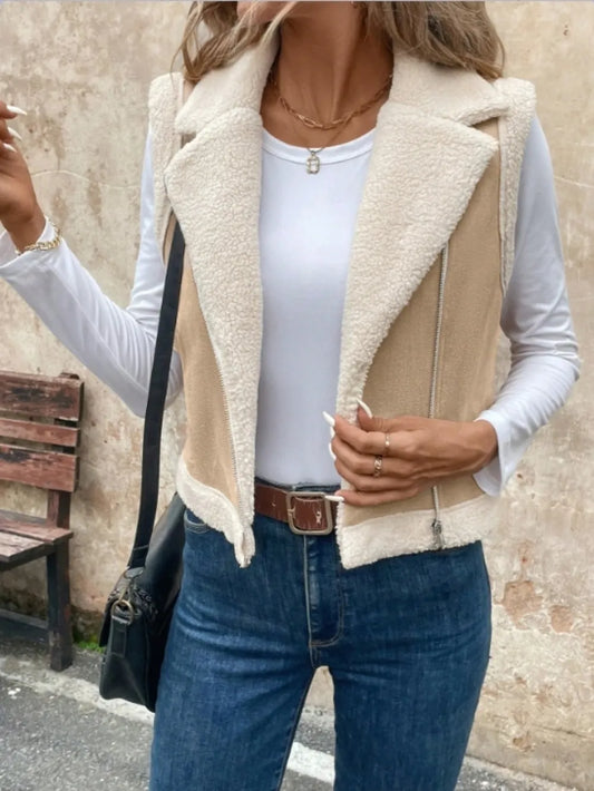 Zip Up Sherpa Vest Coat Khaki