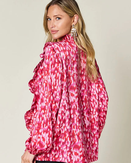 Double Take Full Size Printed Ruffle Trim Balloon Sleeve Shirt
