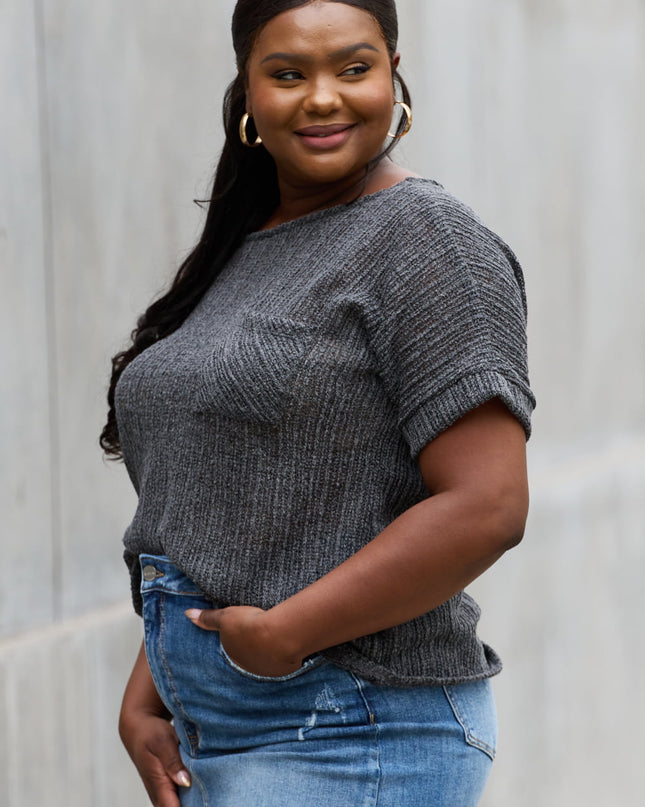 e.Luna Full Size Chunky Knit Short Sleeve Top in Gray