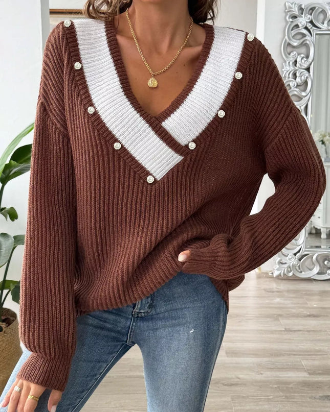V-Neck Button-Decorated Sweater Brown