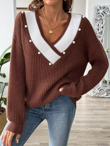 V-Neck Button-Decorated Sweater Brown