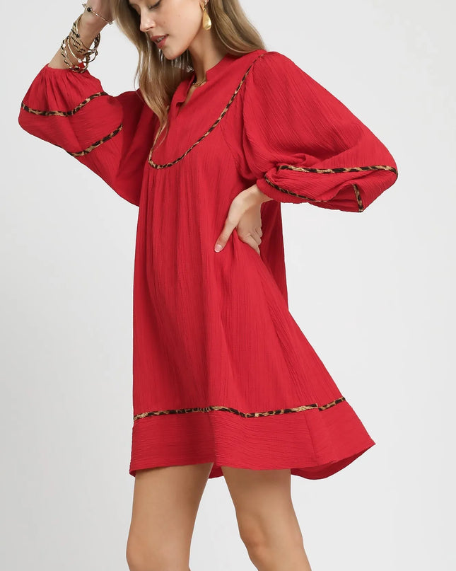 Umgee Textured Babydoll Dress with Leopard Trim