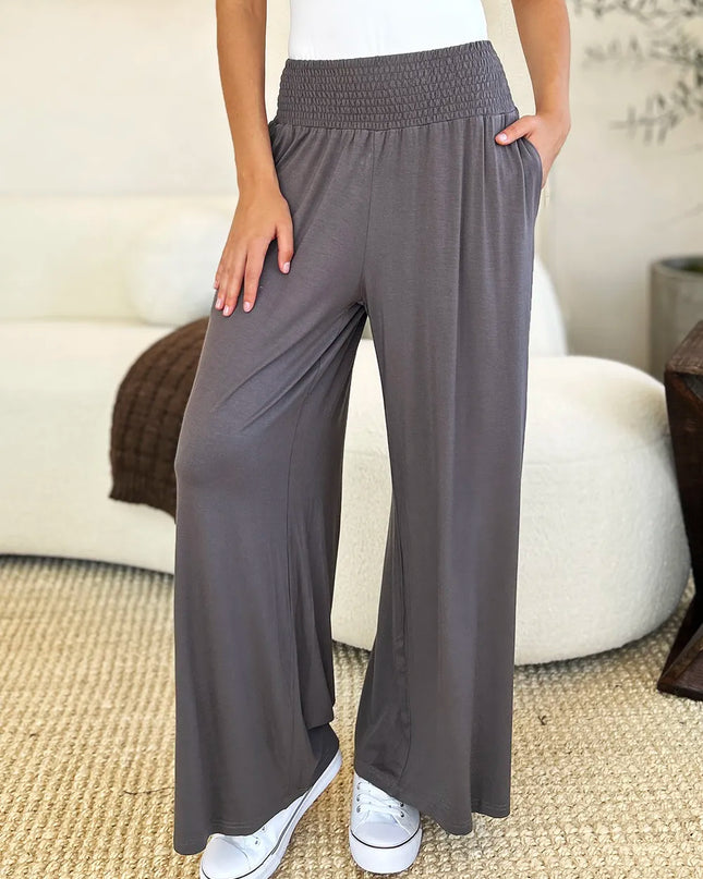 Basic Bae Full Size Smocked Wide Waistband Wide Leg Pants Dark Gray