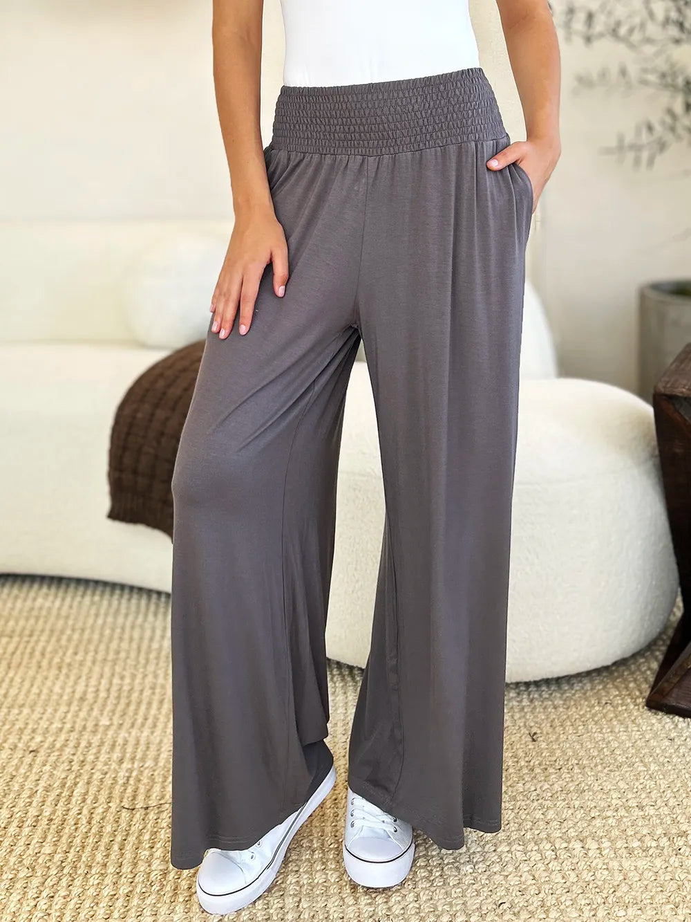 Basic Bae Full Size Smocked Wide Waistband Wide Leg Pants Dark Gray