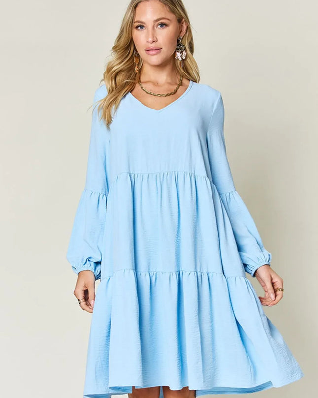 Double Take Full Size V-Neck Balloon Sleeve Tiered Dress with Pockets Light Blue