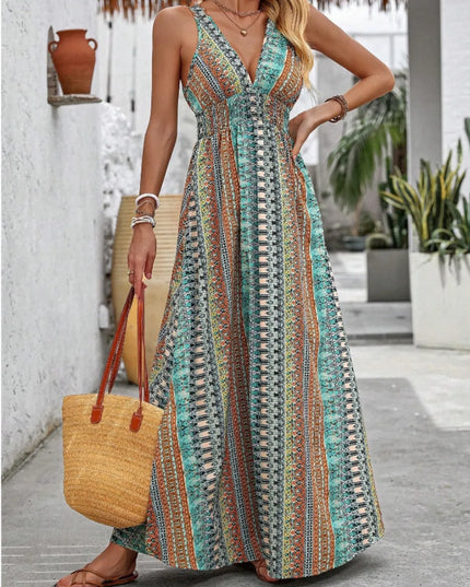Tied Back Printed Sleeveless Maxi Slit Dress 