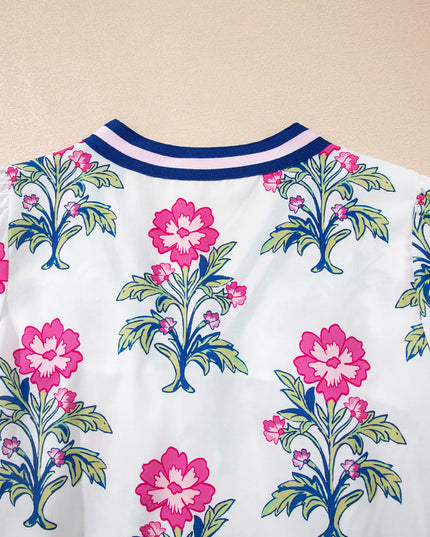 Floral Print Striped V Neck Blouse