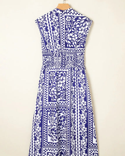 Shirred Waist V Neck Sleeveless Floral Print Midi Dress