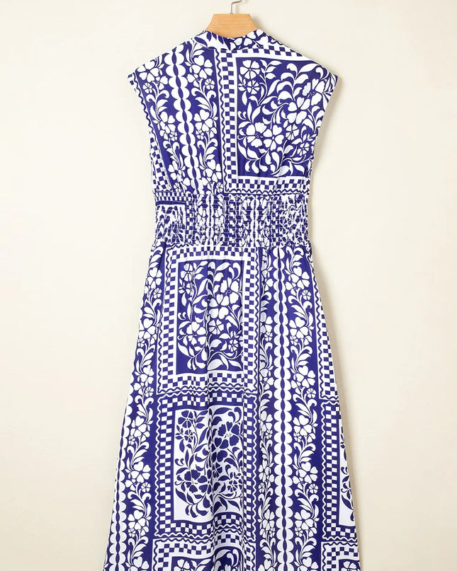 Shirred Waist V Neck Sleeveless Floral Print Midi Dress