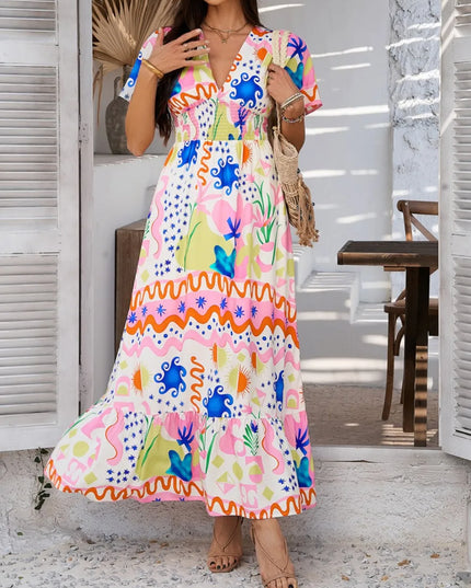 Devine Smocked Printed V-Neck Short Sleeve Maxi Dress