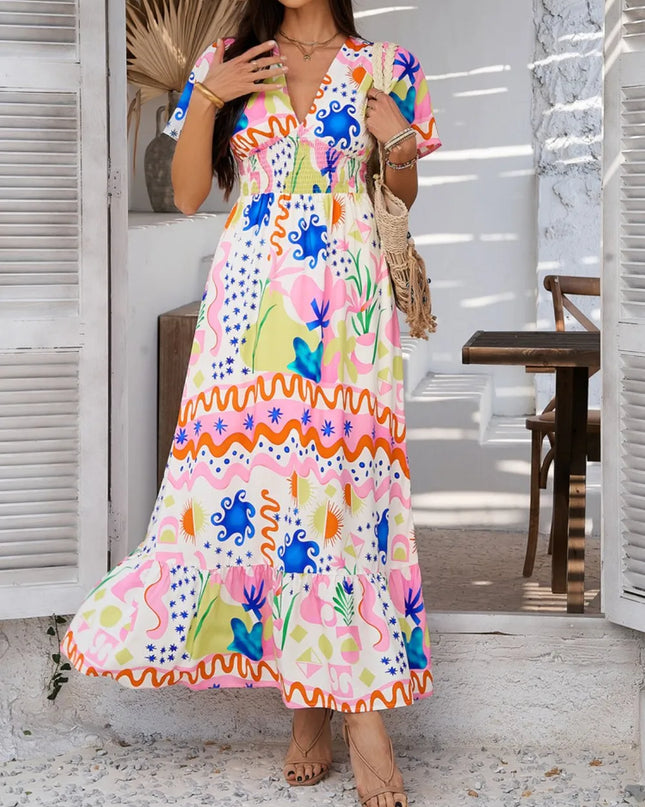 Devine Smocked Printed V-Neck Short Sleeve Maxi Dress