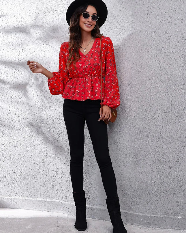 Floral V-Neck Balloon Sleeve Peplum Blouse