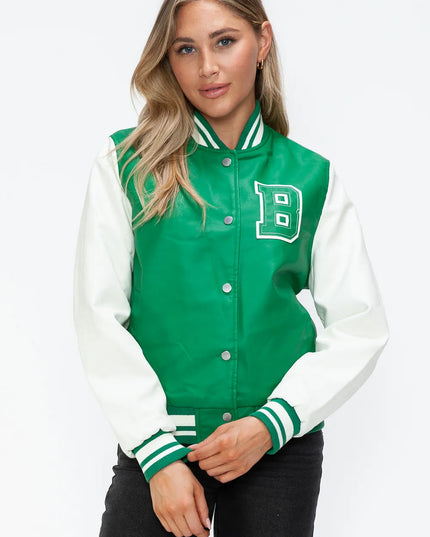Love Me Now PU Leather Contrast Snap Down Bomber Jacket