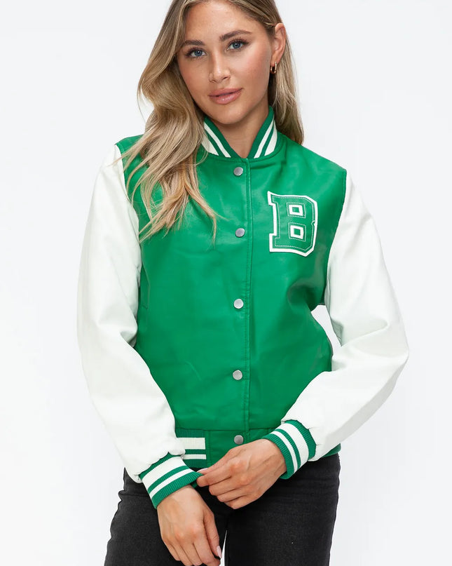 Love Me Now PU Leather Contrast Snap Down Bomber Jacket