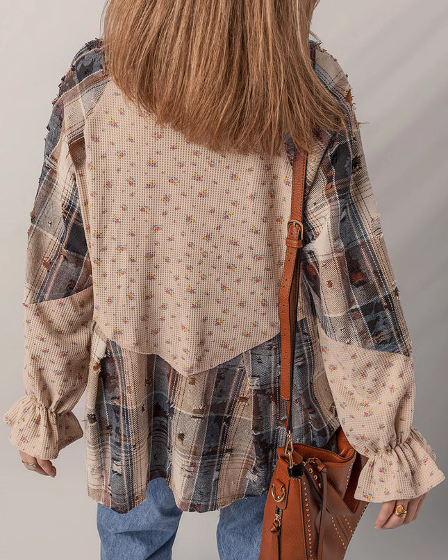 Boho Floral Plaid Patchwork Distressed Detail Ruffled Sleeve Waffle Knit Shacket