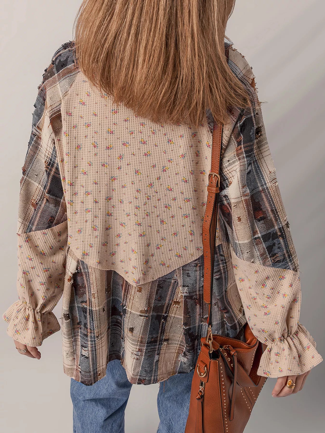 Boho Floral Plaid Patchwork Distressed Detail Ruffled Sleeve Waffle Knit Shacket