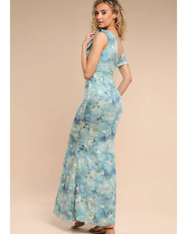 Goddiva One Shoulder Cowl Neck Chiffon Floral Maxi DR4555
