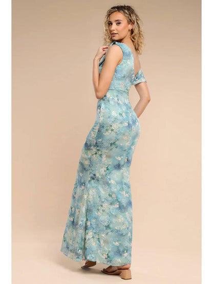 Goddiva One Shoulder Cowl Neck Chiffon Floral Maxi DR4555